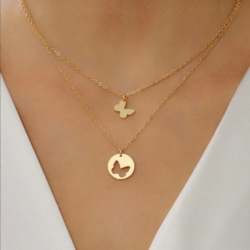 Double collier détaché papillon libre en Or 18 carats