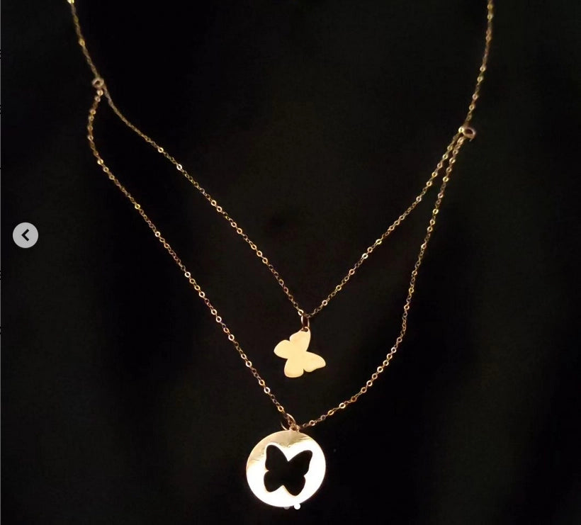 Double collier attaché avec papillon en Or 18 carats